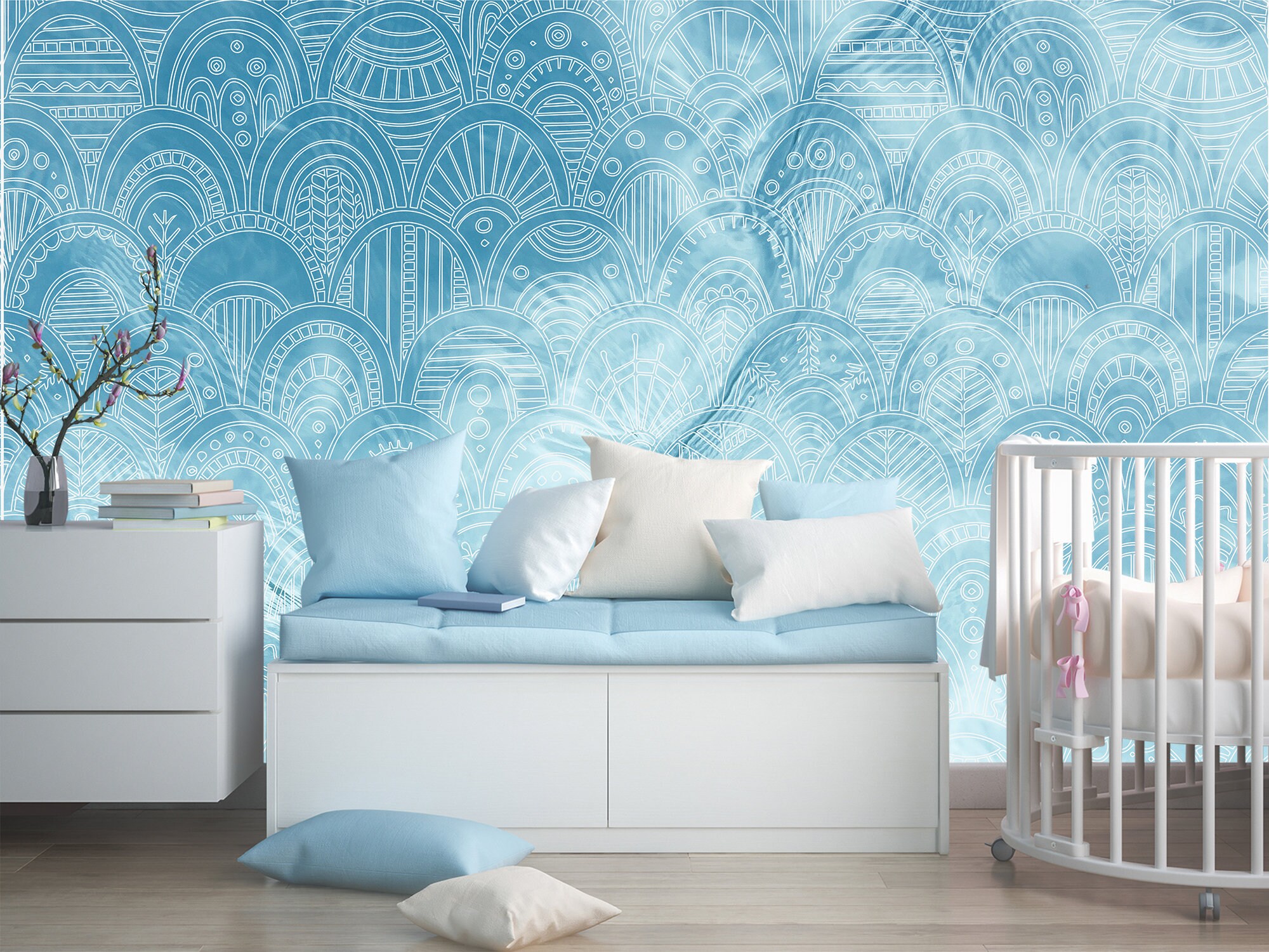 Blue Bohemian Scallop Wallpaper Removable Wallpaper Mural Etsy UK