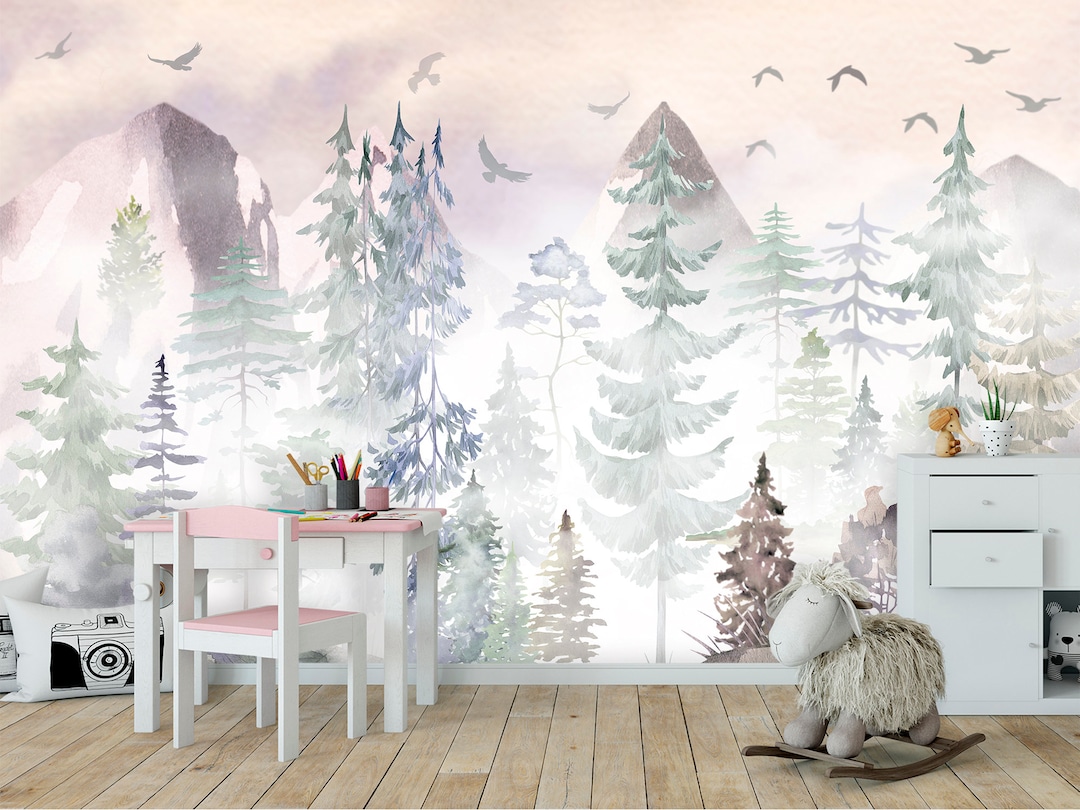 Mountain Nursery Wallpaper Removable, Woodland Toddler Room Mural, Baby