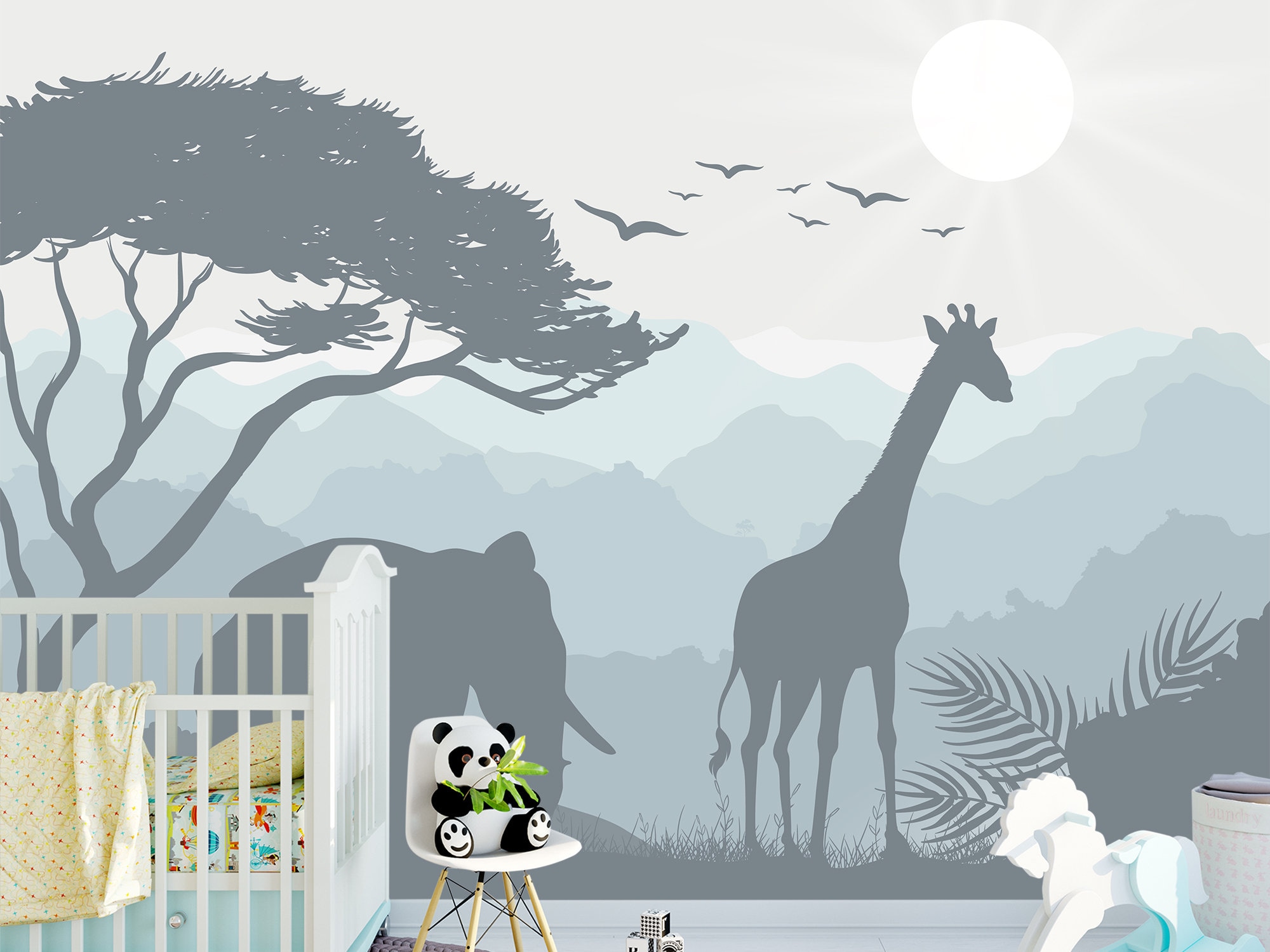 Safari Nursery Wallpaper Boy Room Giraffe and Elephant Wall | Etsy