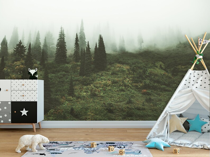 Foggy Pine Tree Forest Wallpaper Peal and Stick Non Woven Etsy