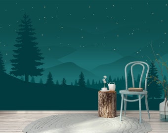 Starry Night Wallpaper Kids, Dark Blue Wallpaper Mural Peel & Stick Nursery, Pine Tree Forset Wall Mural, Custom Size Wallpaper Removable