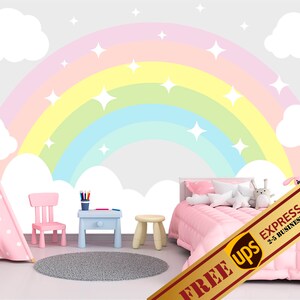 Large Pastel Rainbow Wallpaper, Unicorn Themed Wall Decor Baby Girl Room, Rainbow Wallpaper Non Woven Eco Material