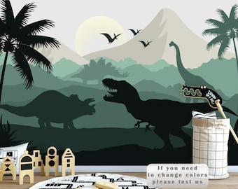 Dinosaur Wallpaper Nursery Boy Room Decor Dino Wall Mural Peel Stick, Watercolor Mountains Removable Wallpaper Kids, Jurassic World Mural