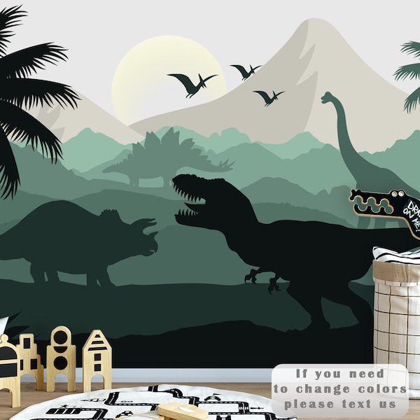 Dinosaur Wallpaper Nursery Boy Room Decor Dino Wall Mural Peel Stick, Watercolor Mountains Removable Wallpaper Kids, Jurassic World Mural