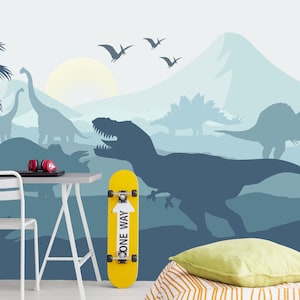 Jurassic World Wallpaper Nursery – Dinosaur Wall Mural for Kids, Dino Trex Wall Decor Boys Room, Blue Mountains Peel & Stick Wall Paper