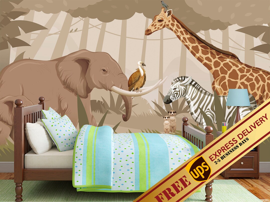 Safari Animals Wallpaper for Toddler Room. Jungle Wall Mural Removable ...