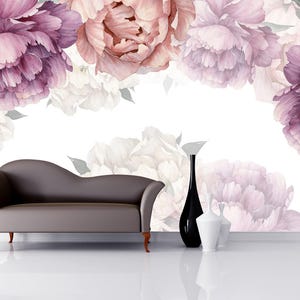 Watercolor Peony Wallpaper on White Background. Peonies Wall Mural Girl Room Decor. Purple Peony Flowers Wallpaper Nursery. Floral Wallpaper image 3