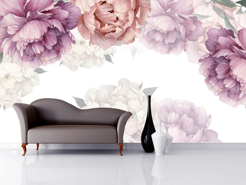 Watercolor Peony Wallpaper on White Background. Peonies Wall Mural Girl Room Decor. Purple Peony Flowers Wallpaper Nursery. Floral Wallpaper image 3