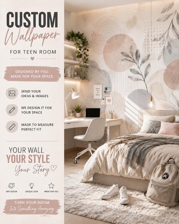 Custom Teen Room Wallpaper, Modern Graphic Mural | Made To Measure Decor | Personalized Bedroom Accent, Peel And Stick & Traditional
