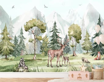 Woodland Animals Wallpaper Nursery, Mountain Wall Mural Forest Wallpaper Removable Kids Room, Watercolor Woodland Nursery Decor Cute Animals