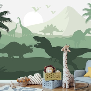 Dinosaur Wallpaper Baby Boy Room Peel and Stick. Green Jurassic World Nursery Wall Mural Removable. T-Rex Wall Art for Infant Eco Friendly