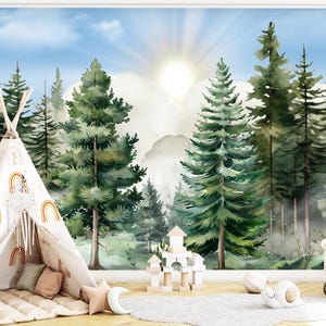 Woodland Neutral Nursery Wallpaper Peel and Stick, Pine Tree Green Forest Wall Mural, Woodland Wall Decor Kids, Pastel Wall Paper Mountains