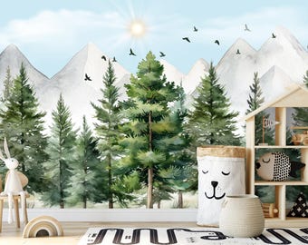 Woodland Baby Nursery Wallpaper Peel and Stick, Pine Tree Green Forest Wall Mural, Woodland Wall Decor Kids, Mountains Wall Paper Boys Room