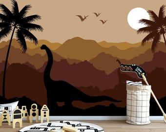 Jurassic World Dinosaur Mural – Peel & Stick Brontosaurus Wallpaper, Ombre Brown Dino Wall Art for Baby Boy Room, Desert Nursery Wall  Decor