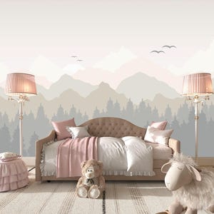 Pastel Mountain Nursery Wallpaper – Sun & Watercolor Mountains Mural for Baby Girl, Peel and Stick Wall Decor, Woodland Landscape, Pine Tree