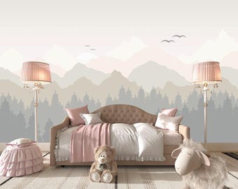 Pastel Mountain Nursery Wallpaper – Sun & Watercolor Mountains Mural for Baby Girl, Peel and Stick Wall Decor, Woodland Landscape, Pine Tree