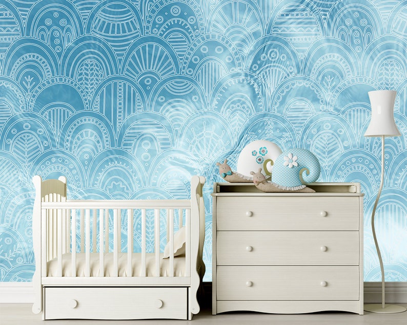 Blue Bohemian Scallop Wallpaper Removable Wallpaper Mural - Etsy UK