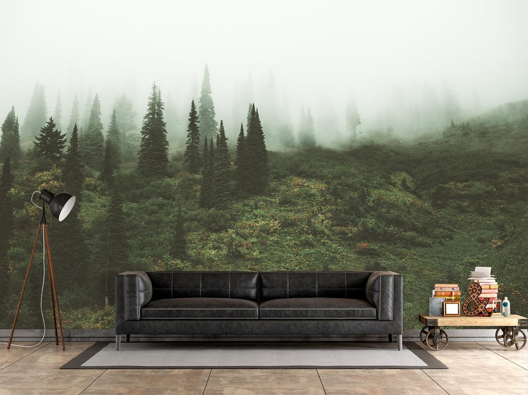 Foggy Pine Tree Forest Wallpaper – Green Nature Wall Mural, Woodland ...