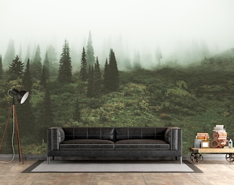 Foggy Pine Tree Forest Wallpaper – Green Nature Wall Mural, Woodland Landscape Accent Wall Peel and Stick, Forest Moody Wall Decor Realistic