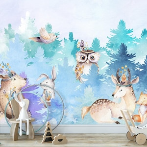Woodland Animals Wall Mural Removable, Watercolor Wallpaper Kids, Woodland Nursery Decor Boys, Pine Tree Forest Wallpaper, Boho Animals GJ88
