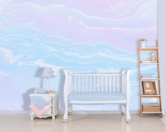 Pastel Blue Wallpaper Nursery, Nautical Wallpaper Kids, Watercolor Wave Wall Mural Kids, Blue Ombre Wallpaper Removable Soft Aquarelle Decor