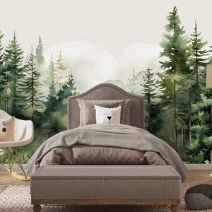 Woodland Wallpaper Nursery Removable Green Forest Wall Mural Mountain Wallpaper Roll Kids Room, Watercolor Nature Wall Paper Realistic image 2