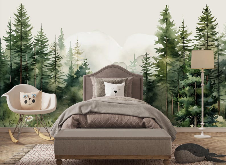 Woodland Wallpaper Nursery Removable Green Forest Wall Mural Mountain Wallpaper Roll Kids Room, Watercolor Nature Wall Paper Realistic image 2