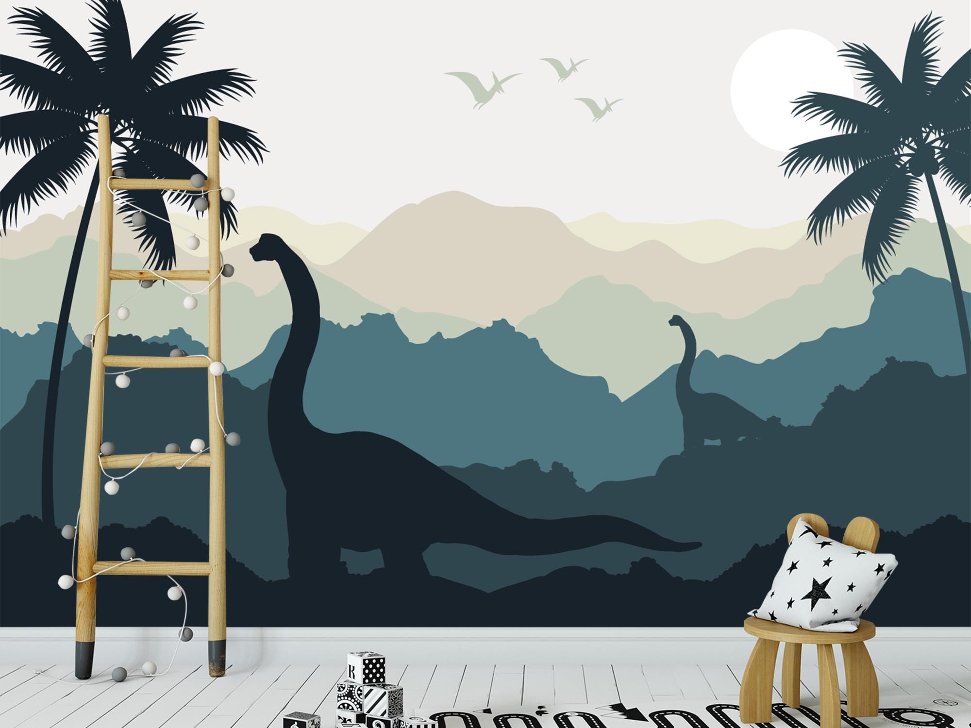 Large Dinosaur Brontosaurus Wallpaper Nursery Removable. Jurassic World Wall Mural Nursery. Dinosaurs Boys Room. Blue Mountain Wallpaper Kid