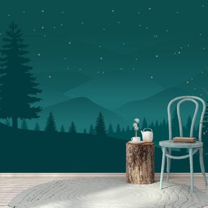 Starry Night Wallpaper Kids, Dark Blue Wallpaper Mural Peel & Stick Nursery, Pine Tree Forset Wall Mural, Custom Size Wallpaper Removable