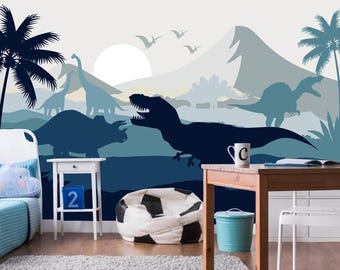 Jurassic World Wallpaper Boys Room Dinosaur Wallpaper for Infant Removable Dino Wall Decor Kids Blue Wall Mural Playroom Mountains Wallpaper