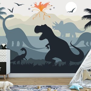 Blue Jurassic Dinosaur Wallpaper for Boys Room – Epic T-Rex Volcano Wall Mural, Nursery & Kids Room Adventure Decor