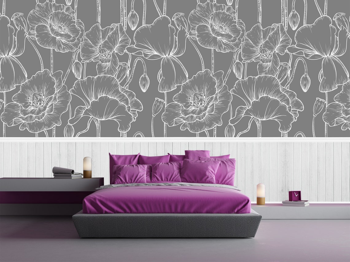 Grey and White Wallpaper Floral. Peel & Stick Wallpaper Mural. - Etsy