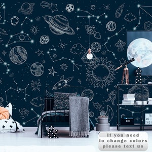 Planets Space Wallpaper Kids Peel and Stick Сonstellation Wallpaper Nursery Removable Galaxy Wall Mural Starry Night Wallpaper Boys Room