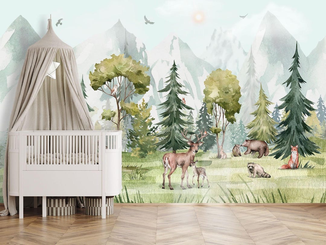 Forest Animals Wallpaper Nursery Mountain Wall Mural Woodland Wallpaper ...