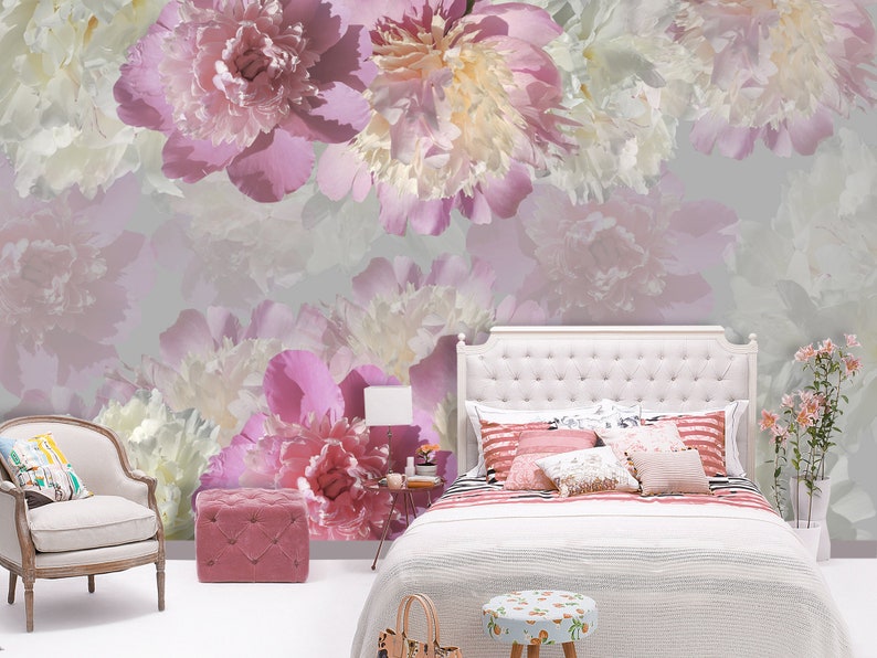 Peony Wallpaper Floral Pink and White Non Woven Wall Paper Roll Watercolor Style Peony Wallpaper Peonies Flowers Wall Mural Girl Room