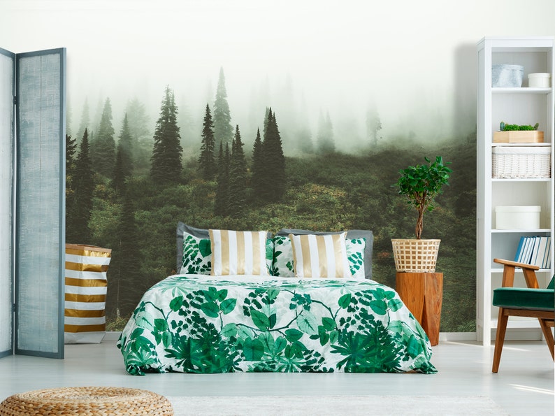 Foggy Pine Tree Forest Wallpaper Peal and Stick Non Woven Etsy