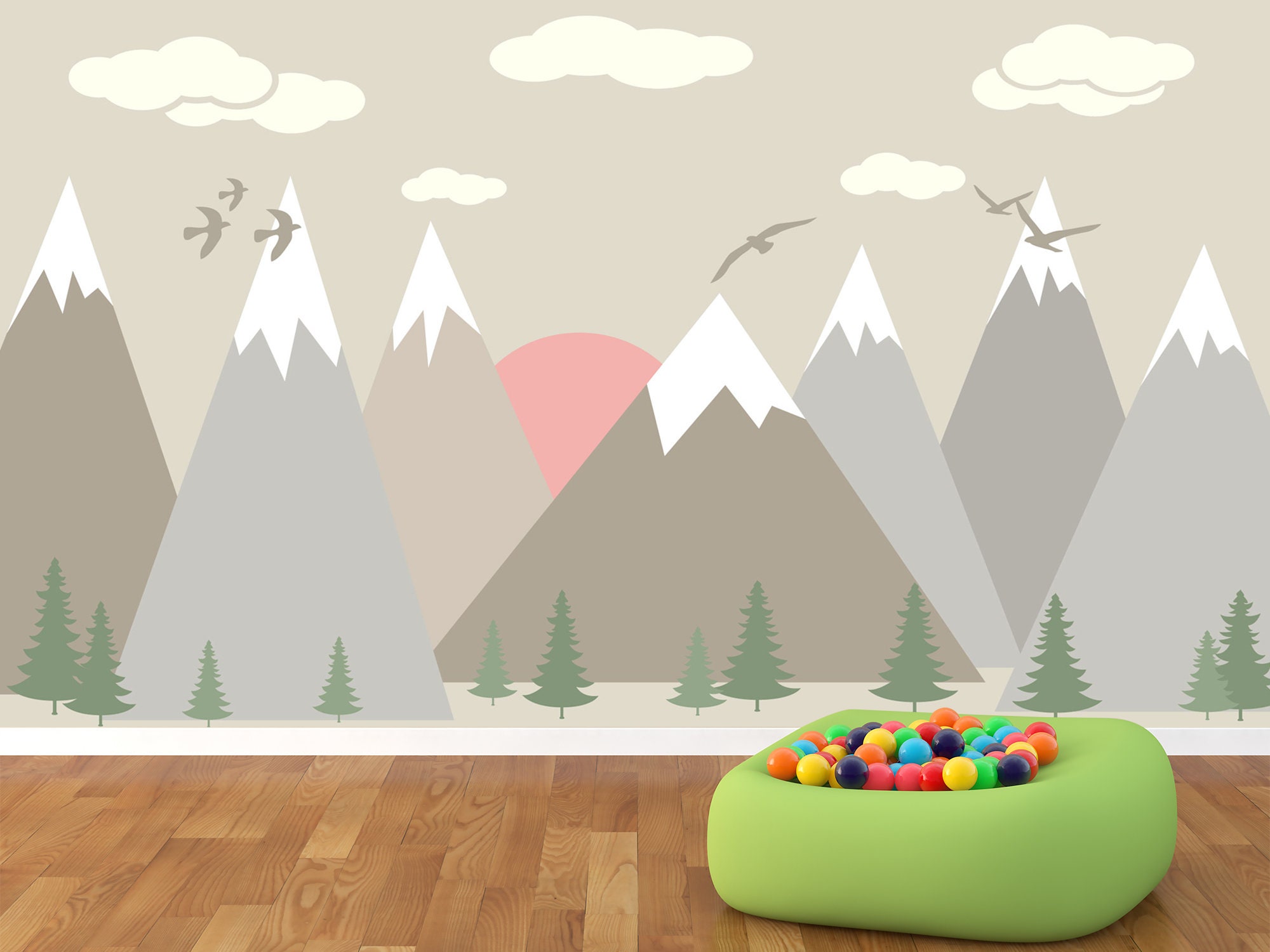 Mountain Mural Wallpaper. Kids Gray Geometric Mountains Etsy