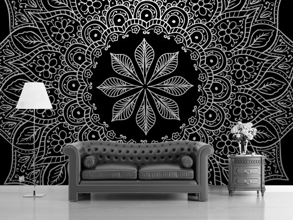 Metallic Silver Mandala Wallpaper Dark Self Adhesive - Etsy Metallic Silver Mandala Wallpaper Dark Self Adhesive - Etsy