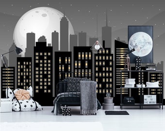 City Skyline Wallpaper Dark Removable, Cityscape Wall Mural Boys Room, Superhero Skyline Wall Decor, Night Town Wallpaper, Comics Wall Art