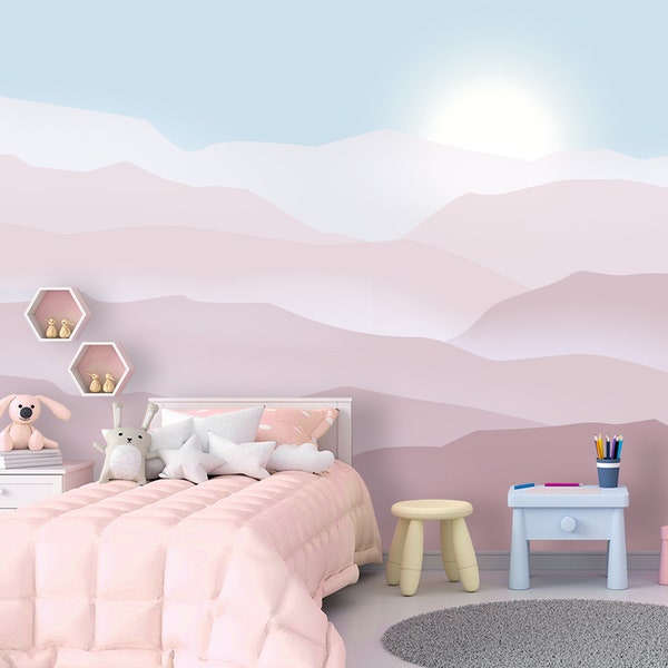 Ombre Mountain Wallpaper Removable, Sky with Sun Clouds Wall Art Baby Girl Room, Sunrise Wallpaper Kids, Pink Ombre Wallpaper Mural