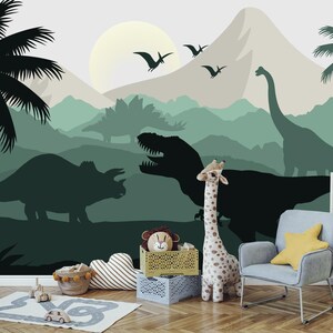 Dinosaur Wallpaper Nursery Boy Room Decor, Green Dino Wall Mural Peel Stick, Jungle, Tropical Wallpaper Kids, Jurassic World Mural Mountains image 2