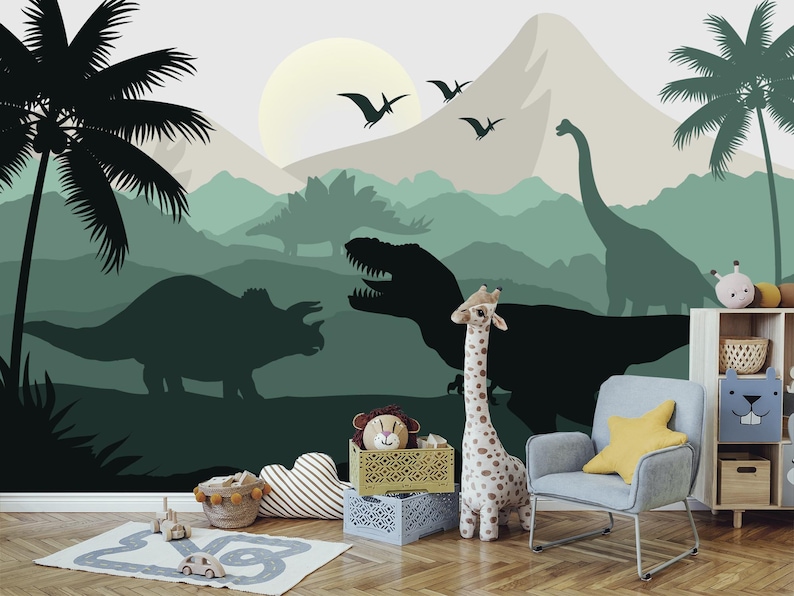 Dinosaur Wallpaper Nursery Boy Room Decor, Green Dino Wall Mural Peel Stick, Jungle, Tropical Wallpaper Kids, Jurassic World Mural Mountains image 2