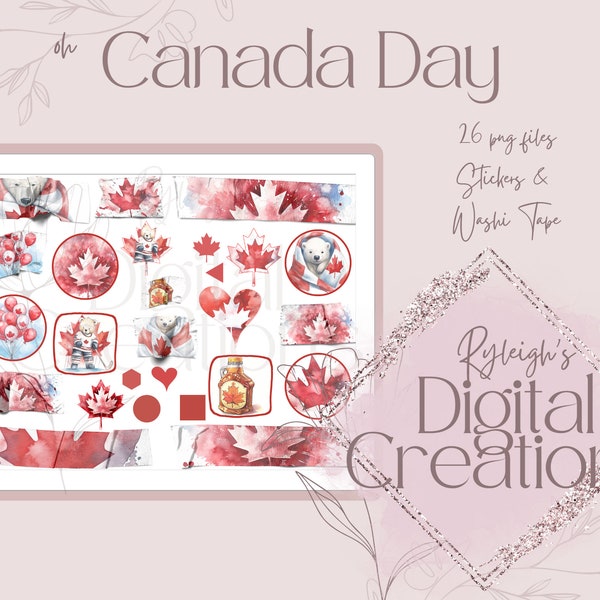 Canada Day Digital Stickers with individual PNGs digital scrapbooking digital planner transparent