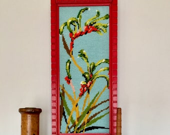 Vintage needlepoint of a Kangaroo Paw plant; unique wooden frame