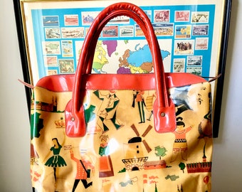 Vintage vinyl tote bag with P. Westermann 'Around the World' fabric