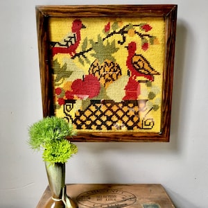 Vintage folk art bird and fruit needlepoint