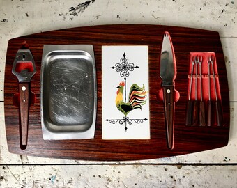 Vintage mid-century modern relish and cheese board with utensils