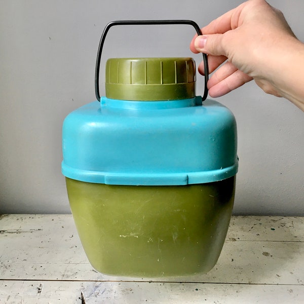 Vintage insulated thermos jug in avocado and turquoise; one gallon