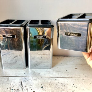 Vintage mid-century modern chrome canisters; flour, sugar, coffee
