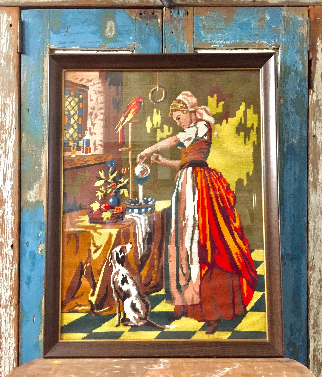 Vintage Needlepoint Tapestry; Woman With Parrot - Etsy
